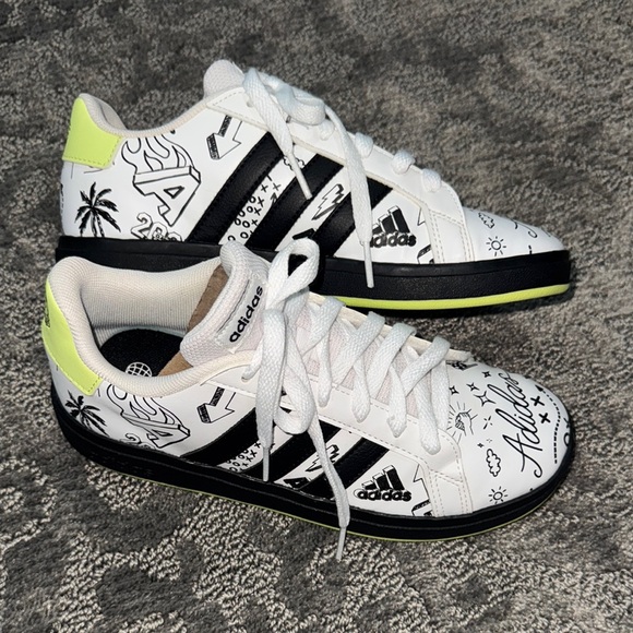 Adidas White Sneakers with Black Graphics and Neon Accents - Picture 2 of 5